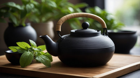 This image shows an elegant black teapot with a wooden handle placed on a wooden tray. Next to the teapot is a small bowl containing fresh mint leaves, with a modern and fresh setting in the background. AI generated imageの写真素材