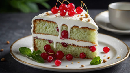 A delectable slice of layered cake topped with smooth white frosting and fresh red currants, garnished with mint leaves, presented on a plate with a blurred background accentuating the dessert. AI generated imageの写真素材