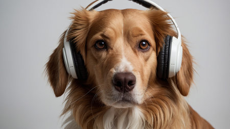 A brown and white dog is wearing a pair of white headphones, sitting against a neutral gray background. The headphones are prominently displayed on the dog's head, making for a curious and amusing image. AI generated imageの写真素材