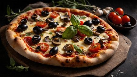 A visually stunning pizza featuring a perfect blend of ingredients including black olives, cherry tomatoes, mushrooms, melted cheese, and fresh basil, set against a dark, rustic background. AI generated imageの写真素材