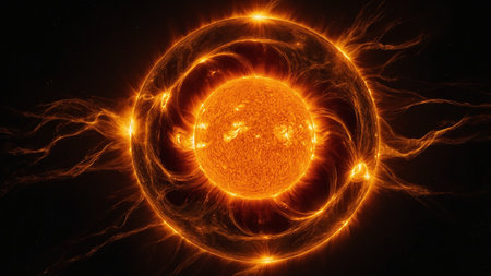 A stunning depiction of the sun with immense swirling gas rings illuminating the dark void of space, showcasing the power and beauty of our closest star in the cosmos. AI generated imageの写真素材
