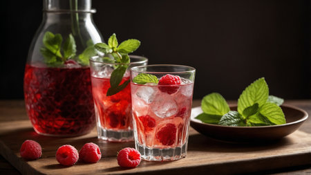 The image features two glass tumblers filled with a vibrant pink raspberry cocktail, garnished with fresh mint leaves, accompanied by a decanter of the same drink, all set on a wooden table. AI generated imageの写真素材