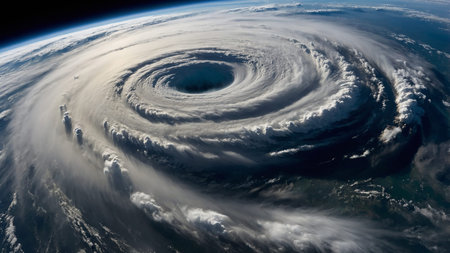Stunning aerial capture of a powerful hurricane over the ocean, showing its swirling clouds and clearly defined eye at the center, depicting the immense force and beauty of nature's fury. AI generated imageの写真素材