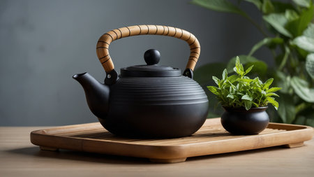 This image shows an elegant black teapot with a wooden handle placed on a wooden tray. Next to the teapot is a small bowl containing fresh mint leaves, with a modern and fresh setting in the background. AI generated imageの写真素材