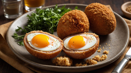 A close-up of two halved Scotch eggs on a white plate with fresh herbs, revealing their perfectly soft-boiled yolks wrapped in golden, crispy breadcrumbs and accompanied by ingredients. AI generated imageの写真素材
