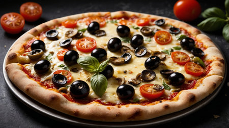 A visually stunning pizza featuring a perfect blend of ingredients including black olives, cherry tomatoes, mushrooms, melted cheese, and fresh basil, set against a dark, rustic background. AI generated imageの写真素材