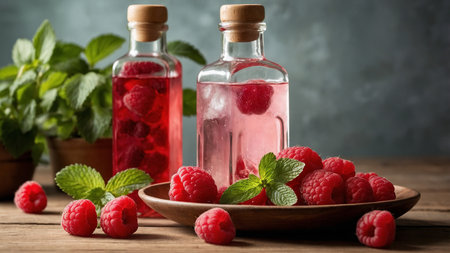 Two rustic bottles filled with vibrant raspberry-infused beverages are set on a wooden table, surrounded by fresh raspberries and mint leaves, ready to be enjoyed in a refreshing, herb-infused drink. AI generated imageの写真素材