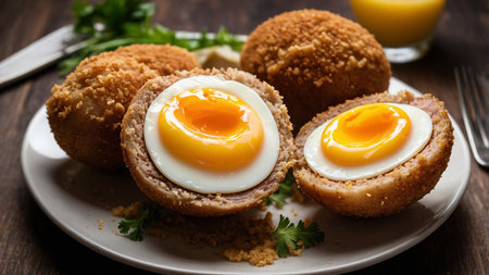 A close-up of two halved Scotch eggs on a white plate with fresh herbs, revealing their perfectly soft-boiled yolks wrapped in golden, crispy breadcrumbs and accompanied by ingredients. AI generated imageの写真素材