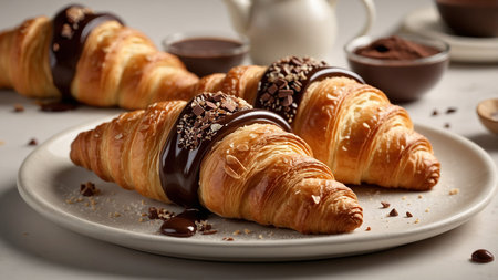 This image showcases two freshly baked croissants stylishly decorated with chocolate topping, displayed on a white plate in a kitchen setting, creating an inviting and aromatic visual temptation. AI generated imageの写真素材