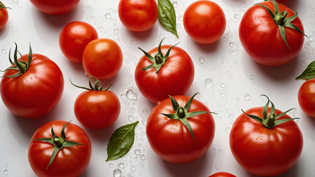 This image showcases a collection of fresh tomatoes in varying sizes accompanied by basil leaves, all scattered on a smooth white surface covered in water droplets, highlighting their freshness and vibrancy. AI generated imageの写真素材