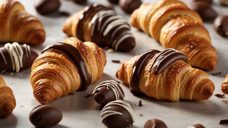 This image showcases two freshly baked croissants stylishly decorated with chocolate topping, displayed on a white plate in a kitchen setting, creating an inviting and aromatic visual temptation. AI generated imageの写真素材