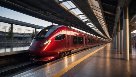A futuristic red high-speed train is stationed on the tracks at a modern railway station. The setting sun paints a vivid backdrop, highlighting the glossy, streamlined design of the train poised for departure. AI generated imageの写真素材