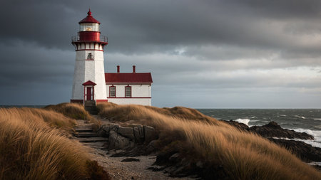A picturesque lighthouse with adjoining red-roofed buildings stands on rocky cliffs alongside tempestuous ocean waves, set beneath a moody, overcast sky. This scene captures the rugged beauty and isolation of coastal life. AI generated imageの写真素材