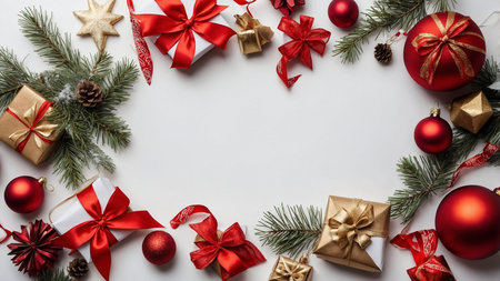 A festive arrangement featuring red and gold Christmas ornaments, wrapped gifts, candy canes, pine branches, and cones, all beautifully arranged around an open white space, ideal for seasonal designs. AI generated imageの写真素材