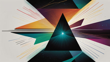 An eye-catching geometric abstract image that highlights a central black triangle with vibrant multicolored lines radiating from it, symbolizing creativity, energy, and movement in a modern artistic style. AI generated imageの写真素材