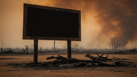 A barren, desolate landscape featuring an empty billboard standing amid the smoky aftermath of wildfires, surrounded by charred ruins and ash, showcasing the devastation and starkness of nature's fury. AI generated imageの写真素材