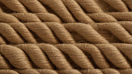 This image features a close-up view of interwoven natural fiber ropes arranged in a net-like pattern, highlighting the intricate texture and craftsmanship involved in creating the structure. AI generated imageの写真素材