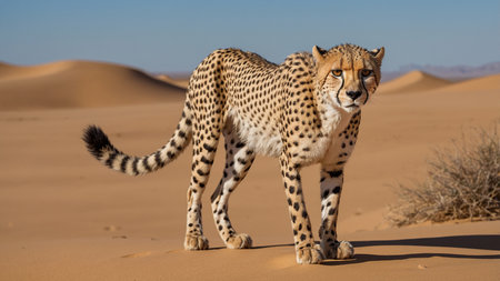 A cheetah in a desert setting, showcasing its streamlined body and distinctive spotted fur while standing on a sand dune under the clear blue sky with sparse vegetation in the background. AI generated imageの写真素材