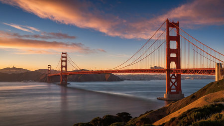 A stunning image capturing the Golden Gate Bridge at sunset with the San Francisco skyline in the background, highlighting the iconic architecture and serene water below. This photo emphasizes beauty, tranquility, and architectural brilliance.の写真素材