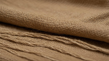 Close-up view of multiple layers of neatly folded beige burlap fabric with visible texture, creating...