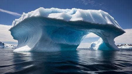 A large and majestic blue iceberg floats serenely in the calm Arctic waters beneath a clear blue sky...