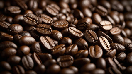 This close-up photograph captures an array of roasted coffee beans, highlighting the rich, dark brown hues and glossy texture of each bean, ideal for stock photography showing coffee-related content. AI generated imageの写真素材