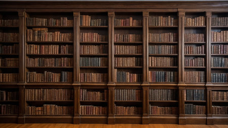 This image shows an expansive wooden bookshelf filled with a diverse collection of old, vintage books, evoking a sense of history and knowledge within a classic library setting. AI generated imageの写真素材