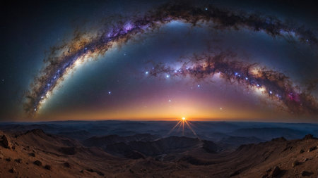 This image depicts a magnificent view of the Milky Way arching over a rugged mountainous landscape with the sun peeking over the horizon at dawn, highlighting the beauty of the natural world. AI generated imageの写真素材