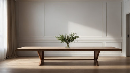 The image showcases a broad wooden dining table adorned with a glass vase filled with green foliage,...