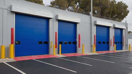 The image showcases a contemporary industrial building featuring multiple blue garage doors, yellow barriers, and a vast parking area, conveying a modern and organized aesthetic. AI generated imageの写真素材