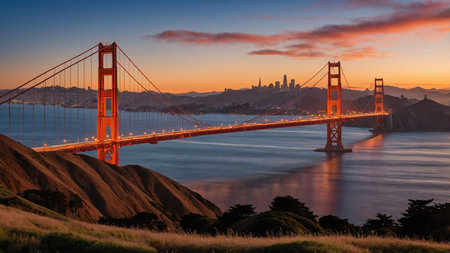 A stunning image capturing the Golden Gate Bridge at sunset with the San Francisco skyline in the background, highlighting the iconic architecture and serene water below. This photo emphasizes beauty, tranquility, and architectural brilliance. AI generated imageの写真素材