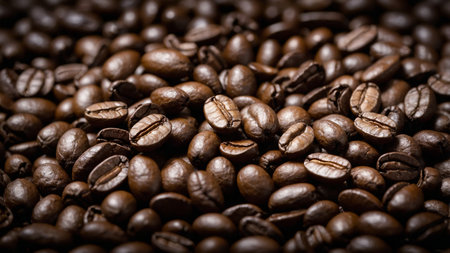 This close-up photograph captures an array of roasted coffee beans, highlighting the rich, dark brown hues and glossy texture of each bean, ideal for stock photography showing coffee-related content. AI generated imageの写真素材