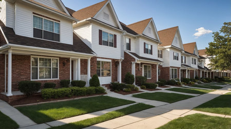 A row of three-story modern townhouses featuring diverse architectural designs, well-maintained lawns, and new construction set against a clear blue sky, exuding suburban living at its finest. AI generated imageの写真素材
