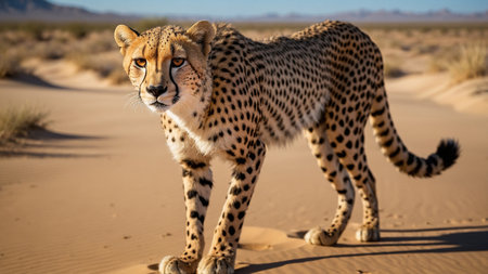 A cheetah in a desert setting, showcasing its streamlined body and distinctive spotted fur while standing on a sand dune under the clear blue sky with sparse vegetation in the background. AI generated imageの写真素材
