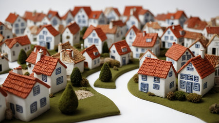 This image depicts a delightful miniature model village featuring white houses with red roofs, green lawns, and small trees, capturing a quaint and idyllic community scene in a picturesque manner. AI generated imageの写真素材