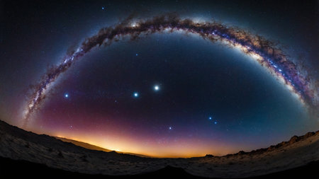 This image depicts a magnificent view of the Milky Way arching over a rugged mountainous landscape with the sun peeking over the horizon at dawn, highlighting the beauty of the natural world. AI generated imageの写真素材