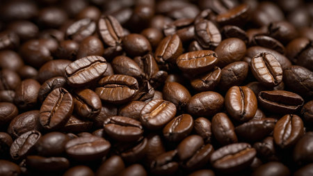 This close-up photograph captures an array of roasted coffee beans, highlighting the rich, dark brown hues and glossy texture of each bean, ideal for stock photography showing coffee-related content. AI generated imageの写真素材