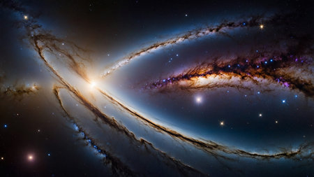This image depicts a magnificent view of the Milky Way arching over a rugged mountainous landscape...