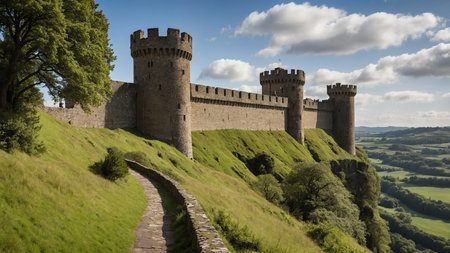 This image features a majestic medieval castle atop a scenic hillside, flanked by robust stone walls and surrounded by lush greenery, beneath a bright blue sky interspersed with clouds. AI generated imageの写真素材