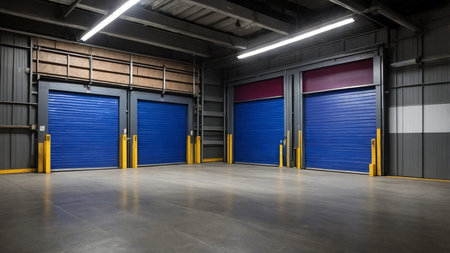 The image showcases a contemporary industrial building featuring multiple blue garage doors, yellow barriers, and a vast parking area, conveying a modern and organized aesthetic. AI generated imageの写真素材