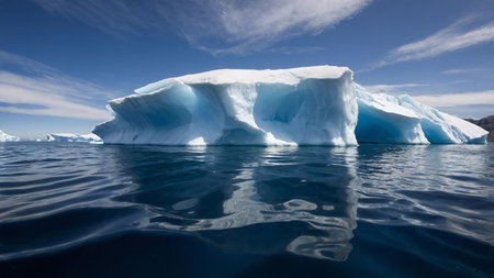 A large and majestic blue iceberg floats serenely in the calm Arctic waters beneath a clear blue sky with another smaller ice formation visible in the distance. AI generated imageの写真素材