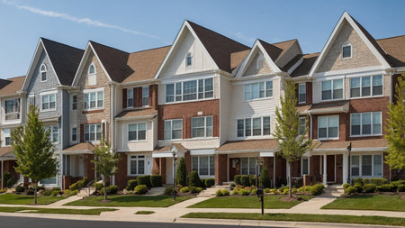 A row of three-story modern townhouses featuring diverse architectural designs, well-maintained lawns, and new construction set against a clear blue sky, exuding suburban living at its finest. AI generated imageの写真素材