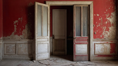An old, abandoned room featuring cracked walls, a dusty floor, and a red peeling door next to a single window, invoking a vintage, nostalgic and eerie feeling of decay and neglect. AI generated imageの写真素材