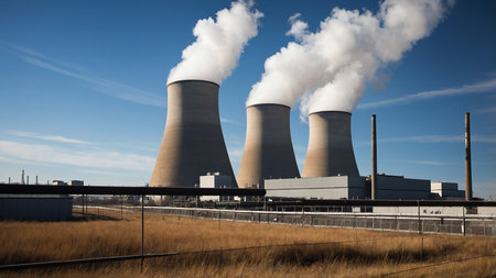 This image showcases a nuclear power plant, prominently featuring three cooling towers emitting white steam under a clear blue sky, indicative of clean energy production and industrial presence. AI generated imageの写真素材