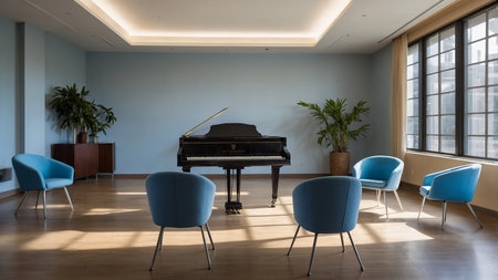 A spacious room features a grand piano and several blue chairs arranged in a semi-circle, with sunlight pouring in through large windows, creating a serene and inviting atmosphere. AI generated imageの写真素材
