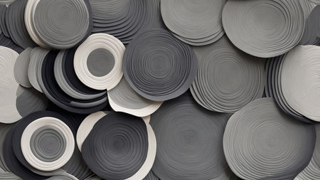 A visually captivating abstract image featuring concentric paper circles in shades of gray, showing intricate patterns and depth, evoking a sense of infinity and artistic sophistication. AI generated imageの写真素材