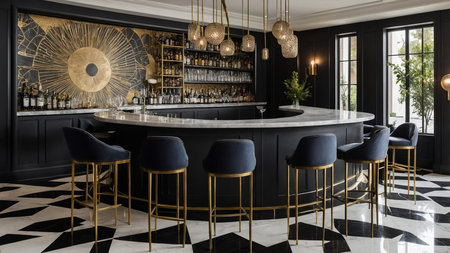 This image shows a sleek and sophisticated modern bar, featuring dark cabinetry, gold accents, marble countertops, and plush blue seating, creating a luxurious ambiance within an upscale environment. AI generated imageの写真素材