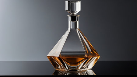 The image showcases an elegant clear glass decanter featuring a unique geometric design, filled halfway with liquid and placed on a wooden tray, against a modern and minimalistic background ambiance. AI generated imageの写真素材