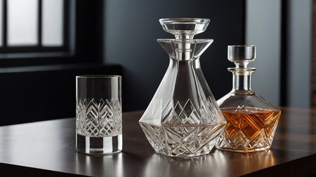 This image showcases two crystal decanters and a smaller one containing whiskey, alongside three crystal glasses, all beautifully arranged on a reflective white surface with subtle lighting. AI generated imageの写真素材