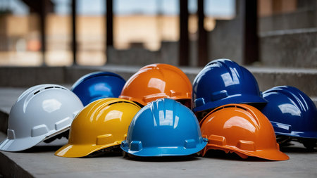 The image showcases nine construction helmets of different colors - white, yellow, orange, and blue - neatly placed on a concrete surface, symbolizing safety and unity in construction work. AI generated imageの写真素材